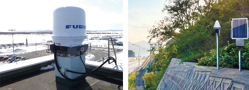 小型Xバンド二重偏波ドップラ気象レーダー「型式：WR-2100」と、GNSS自動変位計測システム「DANA」のイメージ