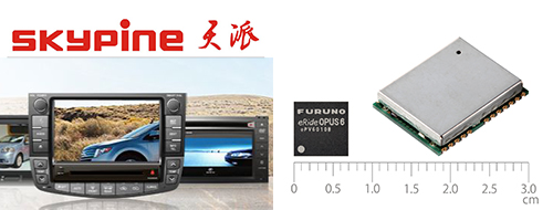 Left: Image of Skypine's car navigation systems
Right: Appearance of FURUNO's Multi-GNSS Receiver Chip 